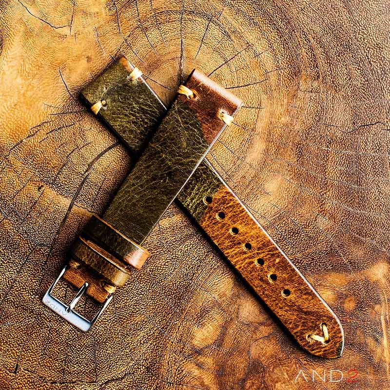 Military Camo Leather Strap 20mm(Dark Gold V-Stitching)