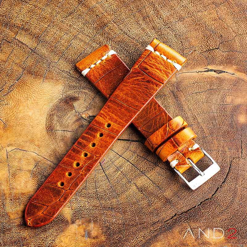 Vintage Cracked Croco Brown Leather Strap 22mm(White Cross Stitching)