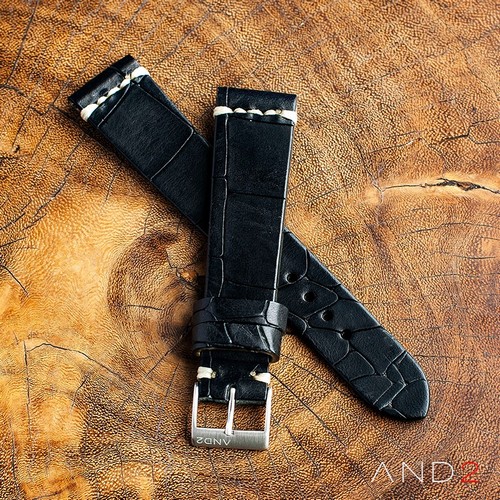Vintage Cracked Croco Black Leather Strap 20mm(White Cross Stitching)