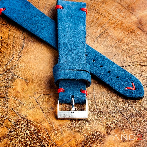 Wolly Ocean Blue Suede Leather Strap 20mm (Red V-Stitching)