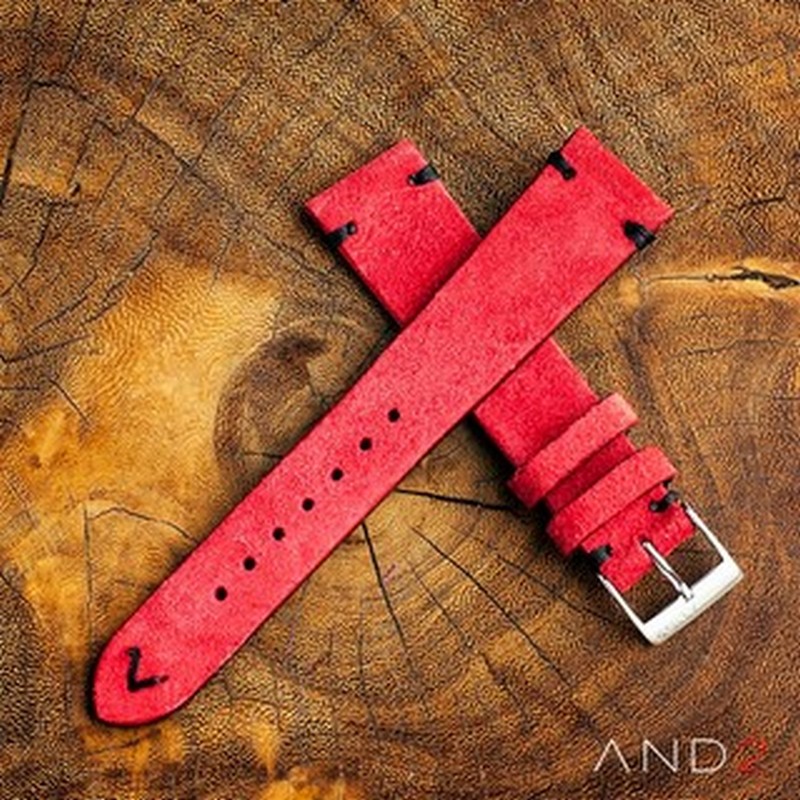 Wolly Crimson Red Suede Leather Strap 19mm (Black V- Stitching)