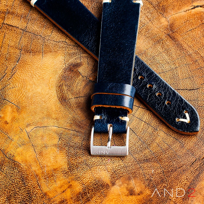 Laguna Navy Blue Leather Strap 22mm(White V-Stitching)