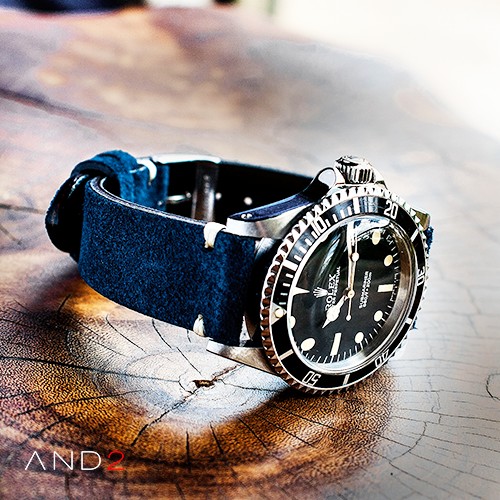 Wolly Ocean Blue Suede Leather Strap 20mm (White V-Stitching)