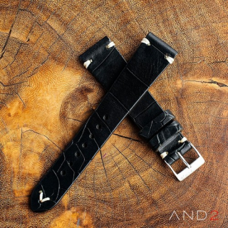 Vintage Cracked Croco Black Leather Strap 20mm(White V-Stitching)
