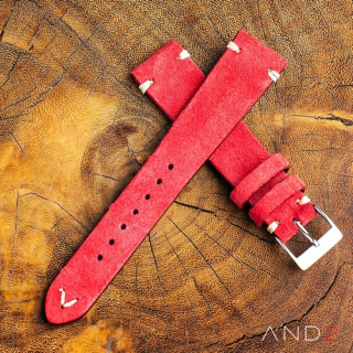 Wolly Crimson Red Suede Leather Strap 20mm (White V-stitching)