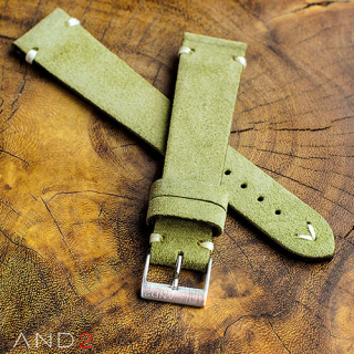 Wolly Olive Green Suede Leather Strap 19mm (White V-Stitching)