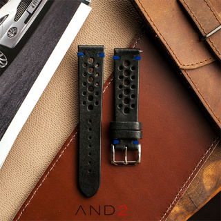Speedy Racing Blackout Leather Strap (Blue Stitching)