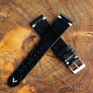 Vintage Cracked Croco Black Leather Strap 22mm(White V-Stitching)