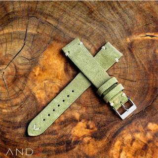 Wolly Olive Green Suede Leather Strap 20mm (White V-Stitching)