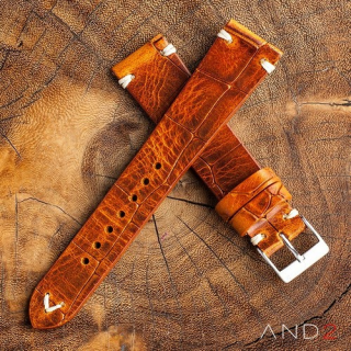 Vintage Cracked Croco Brown Leather Strap 20mm (White V-Stitching)
