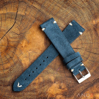 Wolly Ocean Blue Suede Leather Strap 20mm (White V-Stitching)