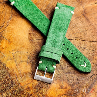 Wolly Green Forest Suede Leather Strap 20mm (White V-Stitching)