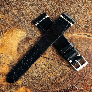 Vintage Cracked Croco Black Leather Strap 22mm(White Cross Stitching)